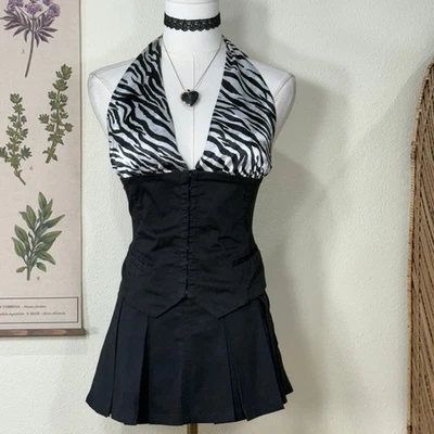 Vintage 90s Y2k Satin Zebra Print Halter Top Sexy Trashy Gyaru Party McBling S M - Image 1 of 4
