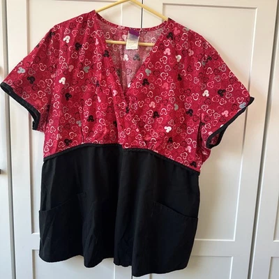 Disney Mickey Mini Black Red Mock Wrap Scrip Top Sz 2XL - Image 1 of 4