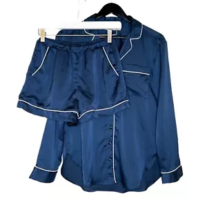Abercrombie & Fitch Pijama Set Satin Shirt & Shorts Set Long Sleeve Navy Size XS - Picture 1 of 10