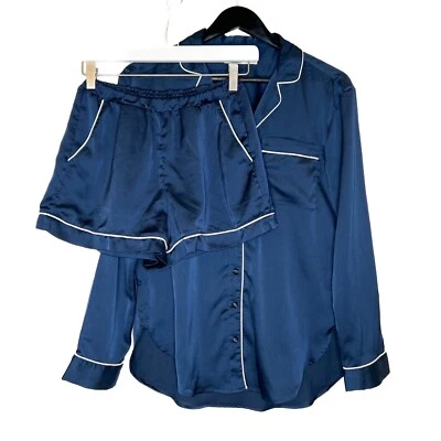 Conjunto de pijama y pantalón corto de satén Abercrombie & Fitch manga larga azul marino talla XS Foto 1 de 4