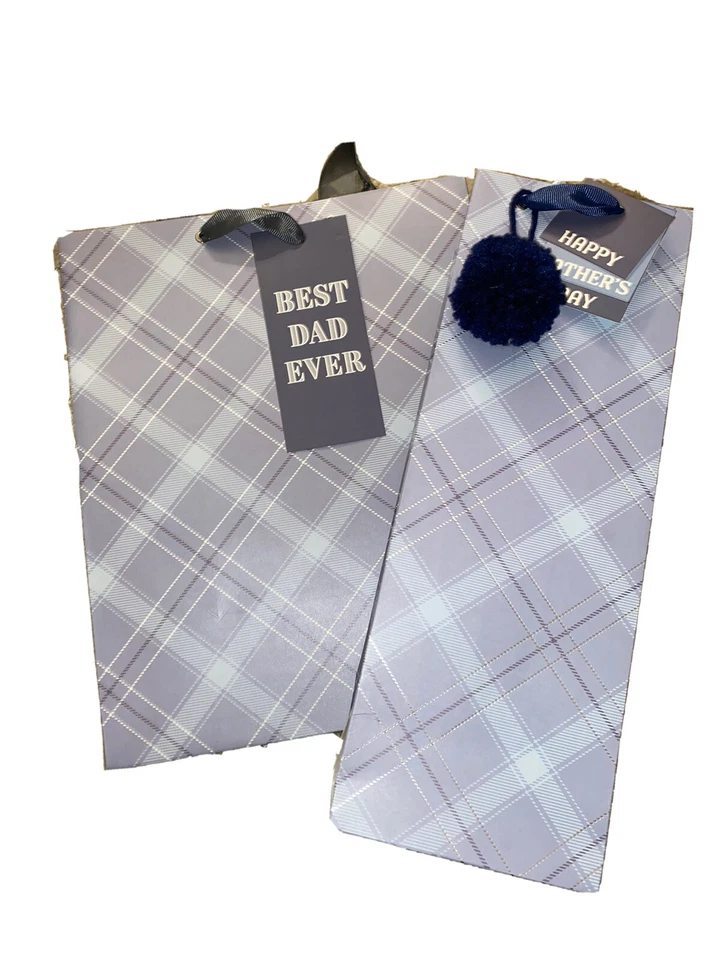 2 Best Dad Ever Periwinkle Plaid GROSAS Bolsas de Regalo de Alta Calidad Bolsa de Día del Padre Foto 1 de 4