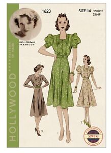 1930s Pretty Puff Sleeve Tea Dress Dress Vintage Sewing Pattern Bust 32