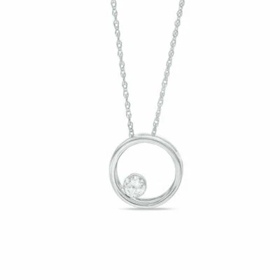 Cubic Zirconia Solitaire Open Circle Pendant In 925 Sterling Silver Necklace - Image 1 of 4