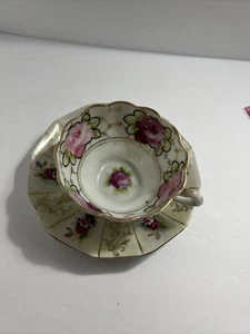 Nippon hand painted teacup and saucer Set Japan Green Pink Purple Floral - Picture 1 of 7