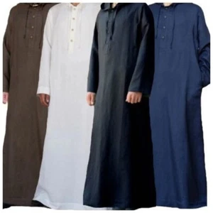 Mens Saudi Jubba Dishdasha Muslim Long Sleeve Hooded Kaftan Cotton Maxi Thobe - Picture 1 of 17