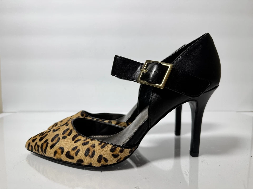 4th & Union 女式豹纹小马毛和皮革高跟鞋,尺寸 6M,扣带 — 第 1/4 张图片