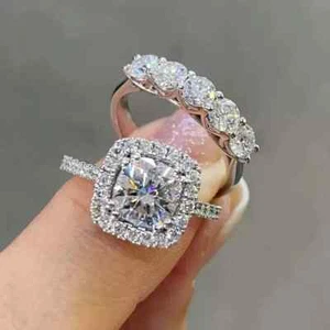 2Ct Round Lab-Created Diamond Bridal Set Wedding Ring 14k White Gold Plated - Picture 1 of 4
