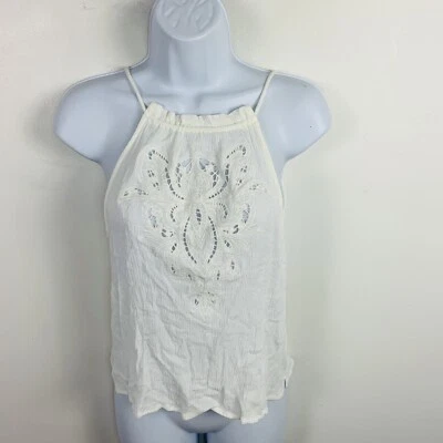 Lush Womens Top Sz S White Floral Lace Front Boho Keyhole Back Spaghetti Strap - Image 1 of 4