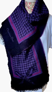 VTG Christian Dior wool or blend purple black houndstooth scarf bow logo CD - Picture 1 of 10