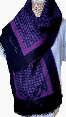 Винтажный Christian Dior шерсти или смесь фиолетовый черный гончая шарф бант логотип CD - Изображение 1 из 4