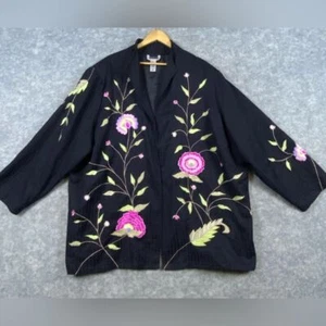 Maggie Barnes Duster Jacket Size 4X Black Floral Embroidery Textured Open Front - Picture 1 of 12