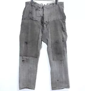 French 30s Buckle Back Distressed Patched & Repaired Grey Cotton Work Pants W37 - Picture 1 of 18