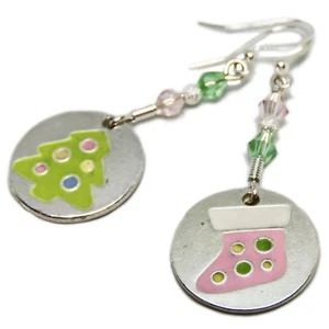 Pink and Green Swarovsky Crystal Christmas Tree & Stocking Earrings By SoniaMcD - Picture 1 of 8