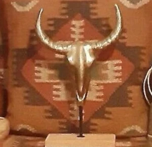 Southwestern Metallic Gold Cow Bull Skull Longhorn Sculpture On Metal Wood Stand - Picture 1 of 4