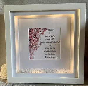 LED Personalised Blossom Print Box Frame Picture, Any Message Can Be Added - Picture 1 of 3