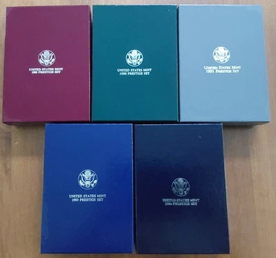 Престижные монеты пруф 5 наборов 1988, 90, 91, 93 и 1994 серебро с OPG и сертификат подлинности - Изображение 1 из 4
