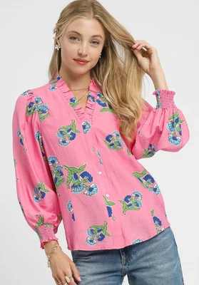 Top Umgee para mujer estampado floral cuello en V manga larga con botones Foto 1 de 4