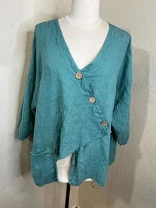 Meo Meli Linen Top Jacket Teal Italy Asymmetrical Button Pockets M/L Lagenlook - Picture 1 of 6