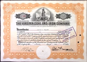 1923 VIRGINIA COAL & IRON COMPANY VIRGINIA AKTIENZERTIFIKAT Steuermarken - Bild 1 von 2