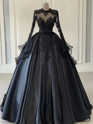 Black Gothic Wedding Dress Lace Appliques Satin Floor Length Vintage Bridal Gown - Image 1 of 4