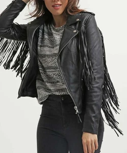 Women's Black Fringe Tassel Leather Jacket – 100% Lambskin Biker Jacket – A57 - Picture 1 of 11