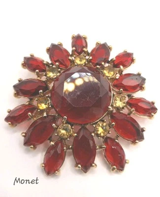 MONET Red Floral Brooch/ Pin Goldtone Signed Vintage - Image 1 of 4