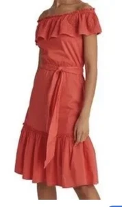 Ralph Lauren LRL 100% Cotton Off-Shoulder Ruffle Tie Waist Dress Sz 4 NWT - Picture 1 of 24