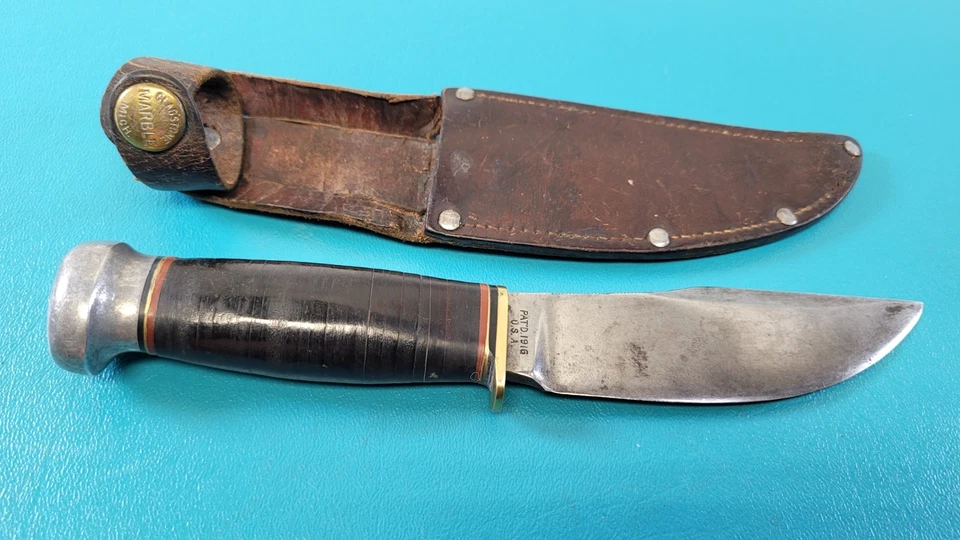 Antiguo cuchillo de caza Gladstone de mármol + funda de cuero 1916 pat. Fecha TR529 Foto 1 de 4