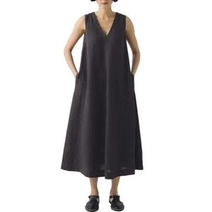 COS Kleid Damen 6 Leinen Lagenlook Relaxed V-Ausschnitt Ärmellos Midi A-Linie Braun - Bild 1 von 10