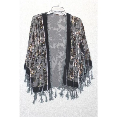 Cárdigan de terciopelo Burnout para mujer kimono cadena floral borla bohemio negro XL Foto 1 de 3