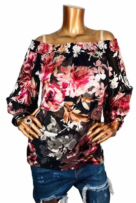 Blusa WHBM L Top Nueva con Etiquetas $110 Floral Hombros Descubiertos Forrada Suave Sedosa Manga 3/4 Sexy Foto 1 de 4