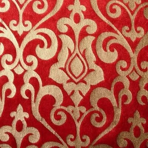Red Damask Printed Velvet Fabric By The Yard, Velvet Fabric With Gold Print - Picture 1 of 5