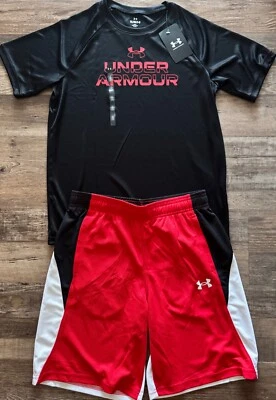 NWT Under Armour YLG Boys Black/Red/White LOGO Shorts Set Large - Image 1 of 4