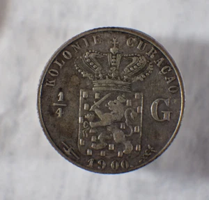 CURACAO, NETHERLANDS - 1/4 GULDEN, 1900, SILVER, KM#35 Dutch Wilhelmina - Picture 1 of 3