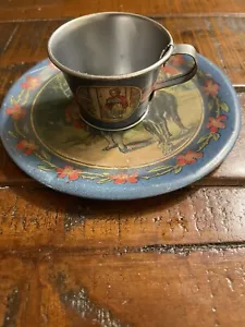 Vintage Tin Lithograph Little Red Riding Good Cup & Saucer Pretend Play - Picture 1 of 4