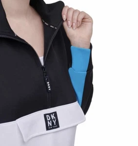 NWT Women’s DKNY Sport 1/2 Zip Pullover Crop Logo Sweatshirt, Blue & Black SMALL - Picture 1 of 12