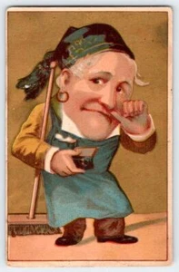 DÉCADA DE 1880 WILLETT & QUINBY CAFÉ FILADELFIA BIG HEAD MAN PENDIENTES ESCOBA TARJETA COMERCIAL - Imagen 1 de 2