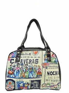 GRANDE BORSA BOWLER CON "BAILE DE CALAVERAS" CON "TESSUTO NERO SCINTILLANTE", NUOVA - Foto 1 di 4