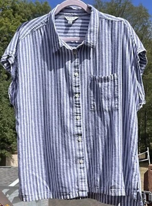Orvis Linen Blend Shirt Women XL Striped White Blue Button Cap Sleeve Coastal 2j - Picture 1 of 13