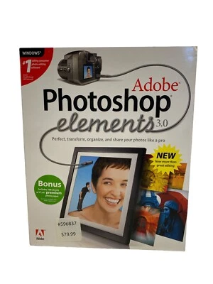 VINTAGE FACTORY SEALED Adobe Photoshop Elements 3.0  2004 w/ Serial Number New - Image 1 of 4