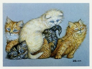 Katze Kunstdruck KÄTZCHEN AUF EINEM STAPEL Zoe Stokes Illustration Vintage Wanddeko - Bild 1 von 3