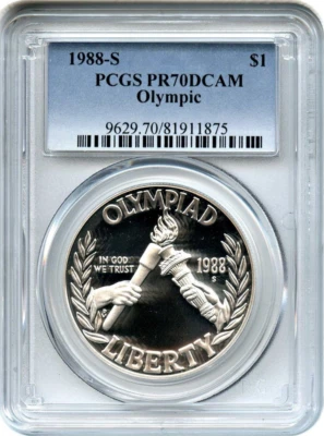 :1988-S S1$ Oympic-Seoul-Commemorative-Silver-Dollar PCGS PR-70-DCAM Top-Pop - Image 1 of 2
