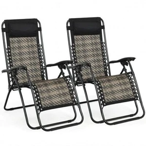 2 Pieces Folding Patio Rattan Zero Gravity Lounge Chair-Gray - Color: Gray - Picture 1 of 5