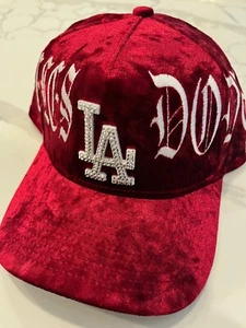 LA Dodgers Red Velvet GOTHIC Script Bling Hat Hand Jeweled SWAROVSKI CRYSTALS - Picture 1 of 7