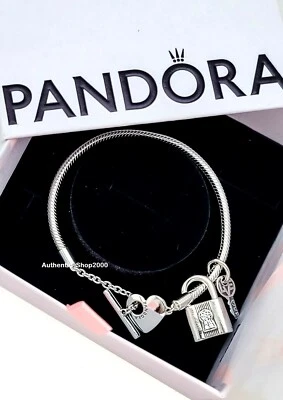 NOVO 100% Autêntico PANDORA 925 Cadeado e Chaveiro Pulseira Conjunto de Presente B801720 - Imagem 1 de 4