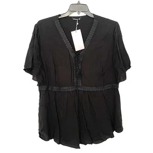 NEW Bloomchic Babydoll Style Top V-Neck Tie Front Ribbon Trim Rayon Black Sz 20 - Picture 1 of 7