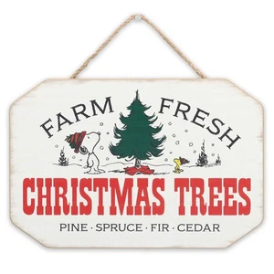 Peanuts Snoopy Farm Fresh Christmas Trees Hanging Wood Wall Decor - Cute Pean... - Picture 1 of 6