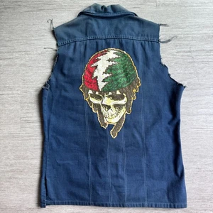 Gilet vintage Montgomery Ward denim tagliato Grateful Dead Rasta cucito grafica M - Foto 1 di 5