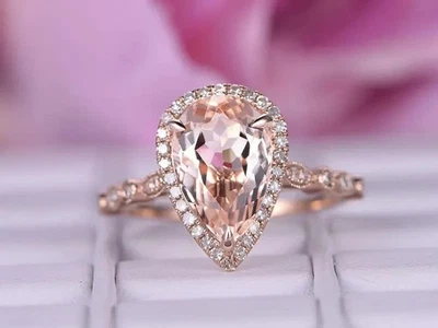 Lab Grown Pear Cut Peach Morganite 4.25 CT Diamond Engagement Ring 18K Rose Gold - Image 1 of 4