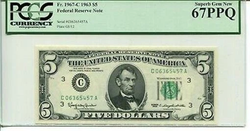 FR 1967-C 1963 $5 Fed Reserve Note 67 PPQ SUPERB GEM NEW - Image 1 of 1